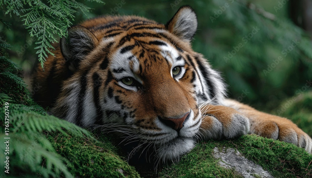 Fototapeta premium a majestic tiger resting on moss-covered rocks in the dense forest, its stripes blending with the greenery, creating an enchanting and wild scene