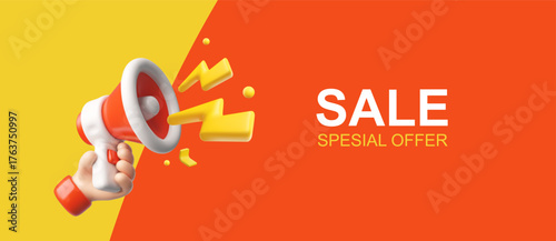 Sale, special offer 3D cartoon plastic style vector banner, realistic megaphone screaming in hand, marketing design