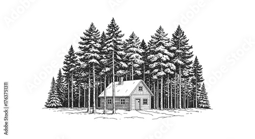 Rustic Cabin Nestled Among Tall Pine Trees in a Winter Forest Landscape.