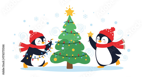 Penguins Decorating Christmas Tree with Festive Lights.