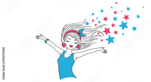 Joyful woman with open arms and stars, celebrating happiness.