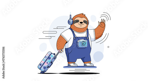 Sloth Traveler with Suitcase and Headphones Waving Hello.