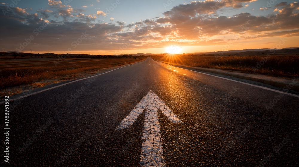 Naklejka premium Open asphalt highway stretches toward a brilliant sunset over open terrain