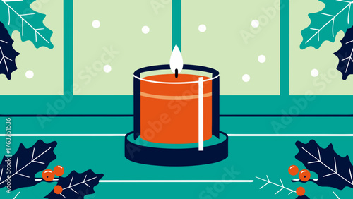 A burning orange candle in a glass holder during winter