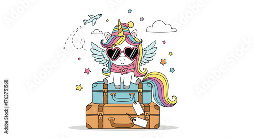 Cute unicorn with sunglasses sitting on luggage ready to travel.