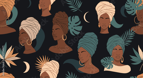 Seamless Pattern of Diverse African Women in Turbans with Tropical Leaves and Moon.