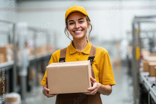 smiling female factory worker holding plain cardboard box clean modern packaging factory realistic commercial photo