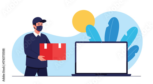 Delivery Man with Face Mask Holding Package Next to Laptop.