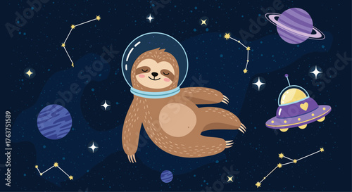Cute Sloth Astronaut Floating in Space with Planets and Stars.