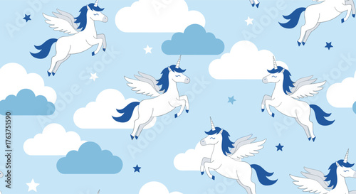 Whimsical Unicorns Soaring Through a Dreamy Sky with Clouds.