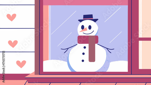 A happy snowman looking through a window in winter
