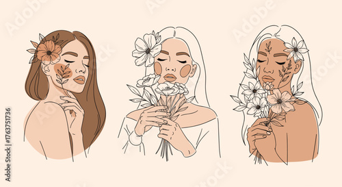 Three women with flowers, artistic illustration, beautiful faces.