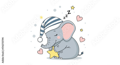 Cute sleeping elephant wearing a striped nightcap holding a star.