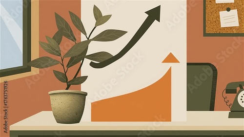 Growth chart and plant on desk in sunny office setting with motivational elements