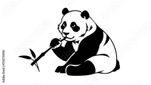 Black and White Vector Line Art Panda Eating Bamboo