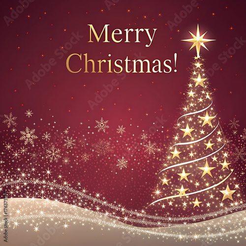 Festive merry christmas greeting with illuminated tree and snowflakes