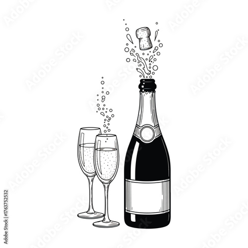 A hand-drawn illustration of a champagne bottle uncorking, with the cork flying and liquid splashing, next to two full glasses.