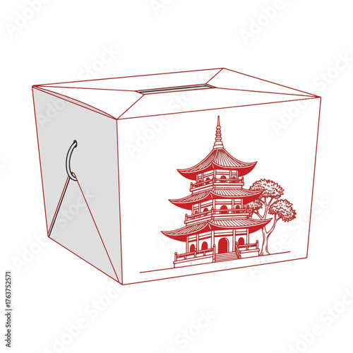 A stylized illustration of a Chinese takeout box with a pagoda design on its side.
