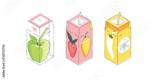 a flat vector graphic logo of three juice cartons one pink with an apple on it, the second green and orange with a tomato on it,