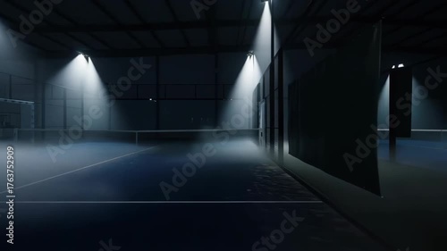 Dramatic Padel Court: Atmospheric Lighting and Misty Ambience.