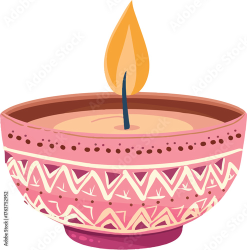 a flat vector illustration of an incense candle with a lit match, in the shape of a pink clay bowl with white and brown patterns on it, on a white background