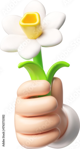 Realistic daffodil flower in hand 3D plastic style, vector cartoon beautiful spring blossom daisy plant with leaves gift