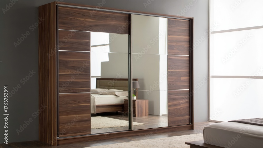 Fototapeta premium Elegant modern walnut wardrobe with mirrored doors reflecting a serene bedroom scene, adding sophistication and spaciousness to any home interior.