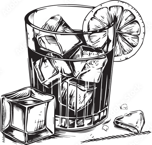 a glass of whiskey with ice cubes and a lemon slice, a vector illustration in black on a white background, hand-drawn