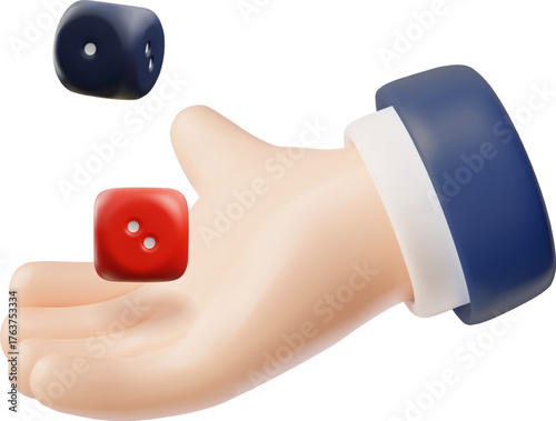 Realistic game dices falling in hand 3d vector illustration, red and black cube with white dots, gambling games, casino