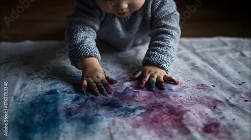 Baby s hands smeared with colorful paint on paper close up view of ic explo n