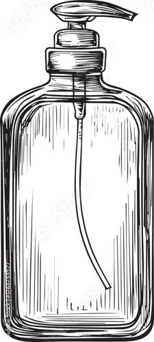 a hand-drawn vector illustration of an old-fashioned glass pump bottle of shampoo with black line art on a white background, no shadows, in a clipart style
