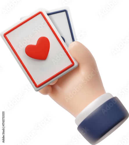 Realistic game cards in hand 3D plastic style, vector cartoon poker gambling game, ace of hearts card arm holds, casino