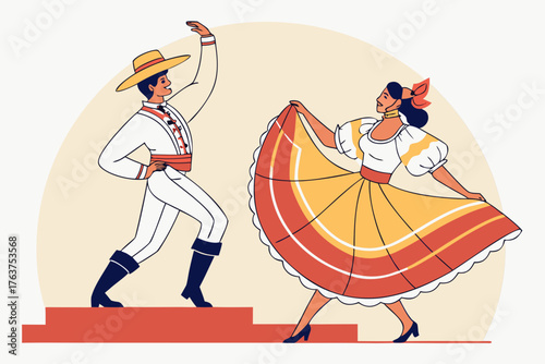 Traditional Peruvian marinera dance with ornate costumes, modern flat illustration style