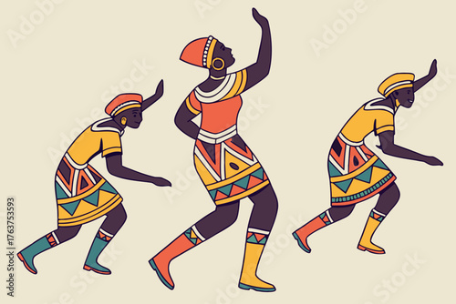 Traditional South African gumboot dance with ornate costumes, modern flat illustration style