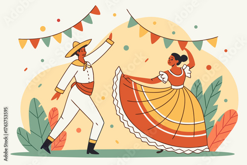 Traditional Salvadoran dance festival with ornate costumes, modern flat illustration style