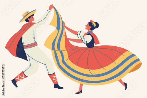 Traditional Chilean cueca dance with ornate costumes, modern flat illustration style