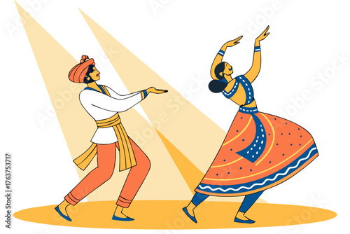 Traditional Bollywood stage dance with ornate costumes, modern flat illustration style