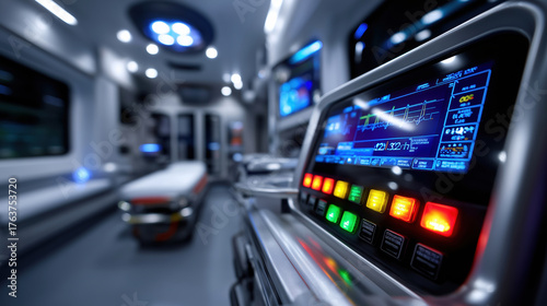 Emergency medical equipment in an ambulance during nighttime