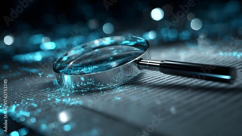 Metallic magnifying glass rests upon illuminated document text in close up