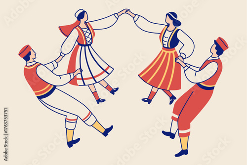 Traditional Greek folk dance circle with ornate costumes, modern flat illustration style