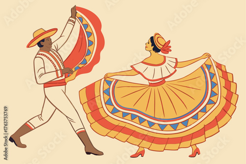 Traditional Honduran punta dance with ornate costumes, modern flat illustration style
