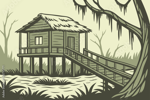Swamp hut illustration built on stilts connected by log walkway in traditional areas.