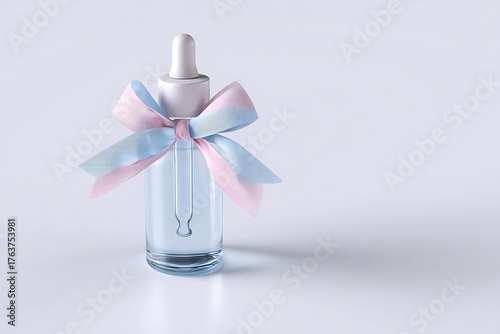 Serum bottle with a bow isolated on white background, beauty product