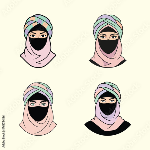 Set Four Arab Woman Portraits Wearing Pastel Turban and Niqab