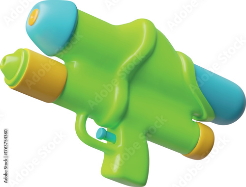 Water gun with refill water reservoir 3D cartoon plastic style vector, colorful blaster kids spraying green weapon toy