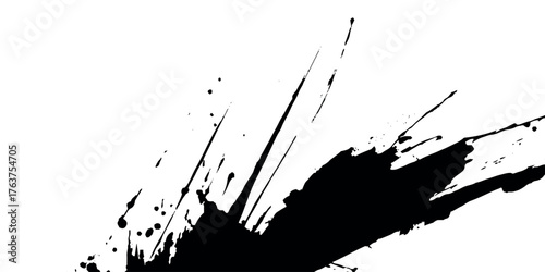 A close-up of a vector style black ink brush stroke and grunge paint splashed on a white background.	
