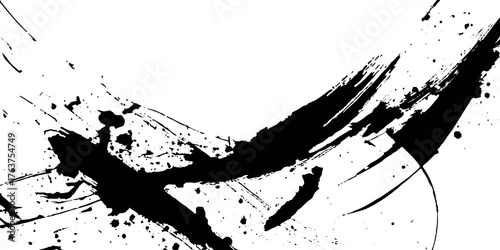 A close-up of a vector style black ink brush stroke and grunge paint splashed on a white background.	