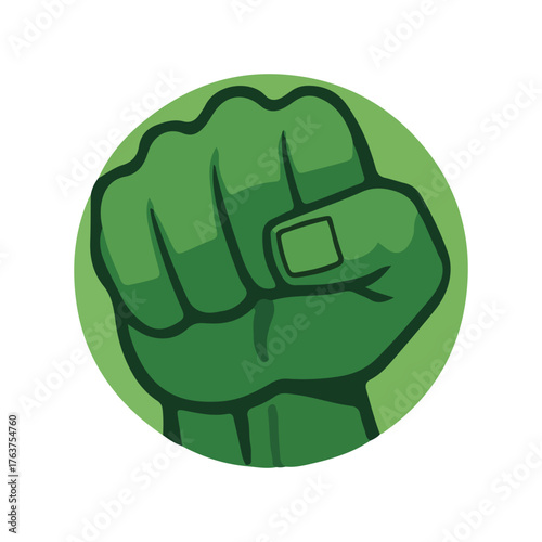 A stylized, cartoon-like illustration of a clenched, green fist set against a light green circular background.