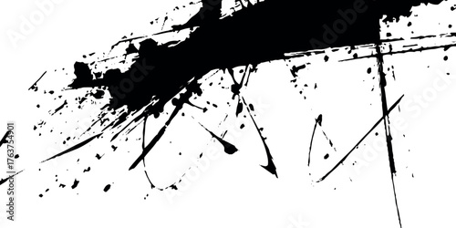 A close-up of a vector style black ink brush stroke and grunge paint splashed on a white background.	