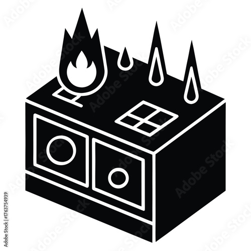 Kitchen stove on fire safety hazard danger in black and white
